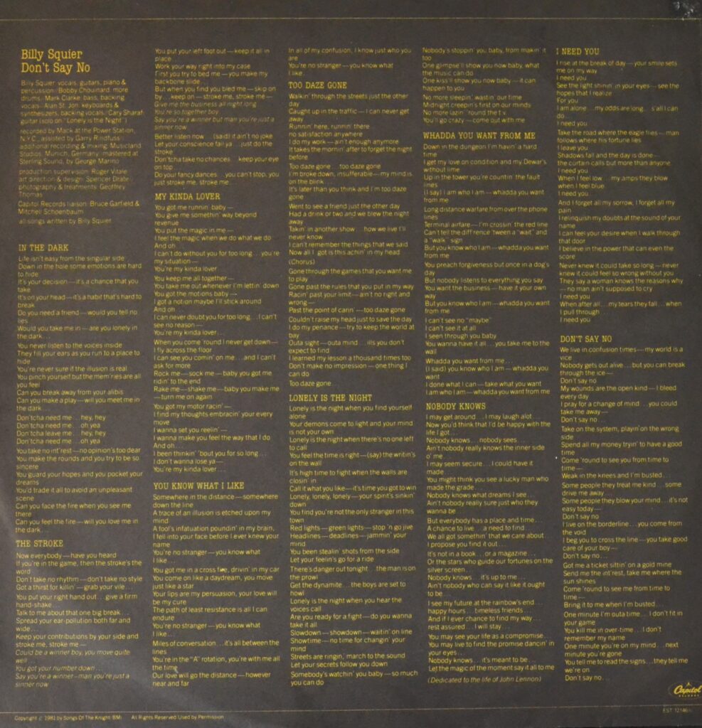 Billy Squier - Don'T Say No In The Dark billy-squier-don-t-say-no-inner-sleeve-two.